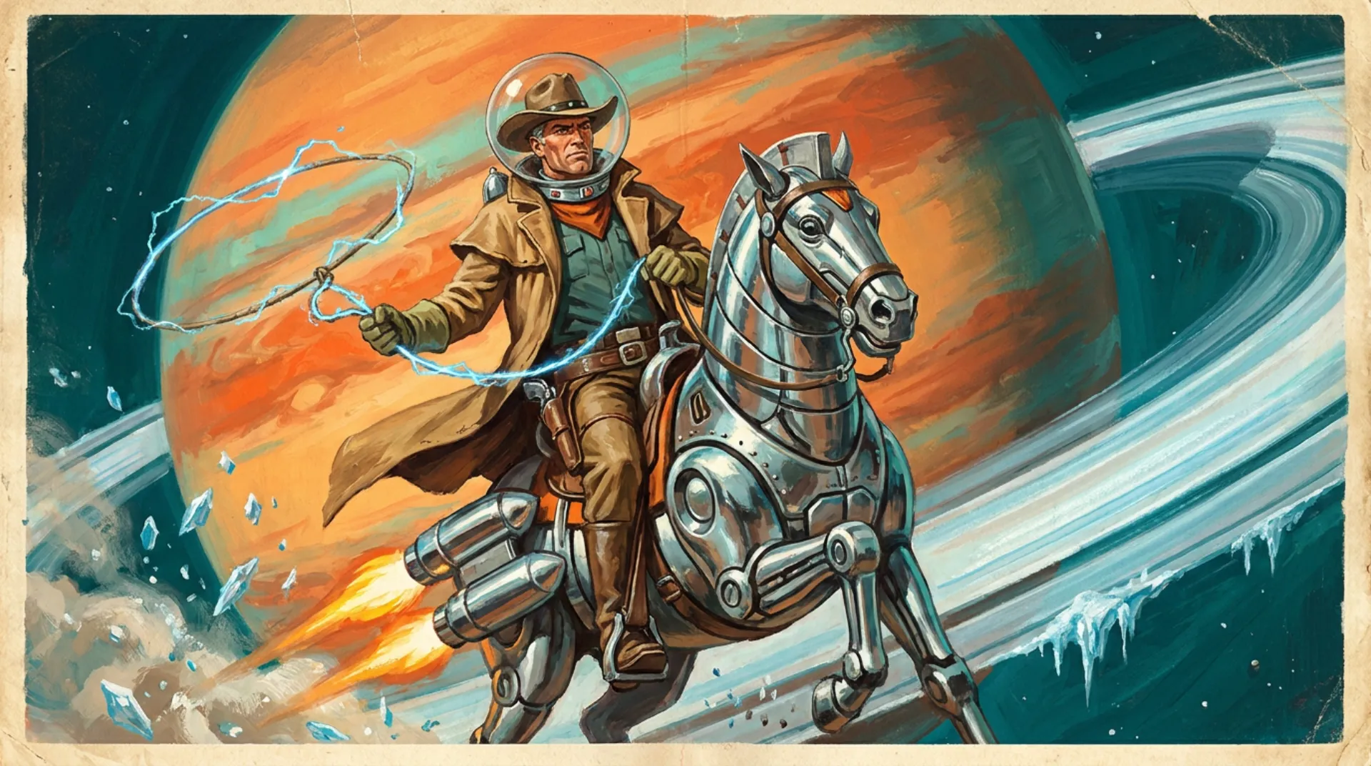 Pulp-poster painting: a square-jawed sheriff in a duster coat, cowboy hat and glass bubble helmet rides a chrome rocket-powered mechanical horse along Saturn's icy rings, swinging a crackling blue energy lasso, the orange planet filling the sky behind him.