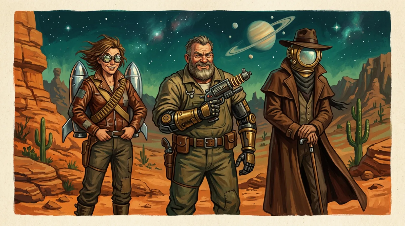 Three outlaws on an orange desert under a teal sky with a ringed planet: a grinning woman in goggles and a leather jacket with a twin-rocket pack, a bearded miner in coveralls with a brass mechanical arm and a ray pistol, and a tall gambler in a long coat and hat whose face is hidden by a round brass diving visor.