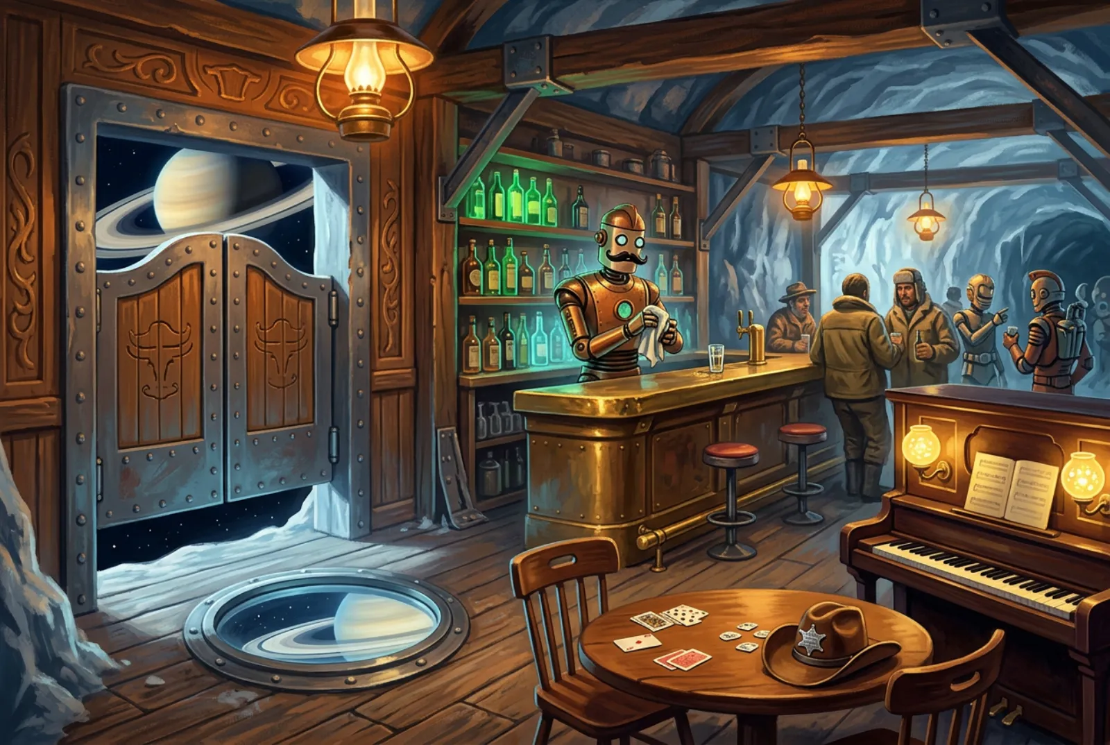 A frontier saloon carved inside an ice moon: riveted swinging doors open onto Saturn, a robot bartender with a handlebar moustache polishes a glass behind a brass bar, prospectors and robots drink in the back, a piano glows with bubble lamps, and a sheriff's hat with a tin star rests on a card table beside a floor window showing Saturn's rings.